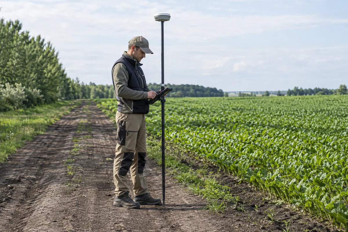 Геодезист із GNSS-приймачем на межі поля